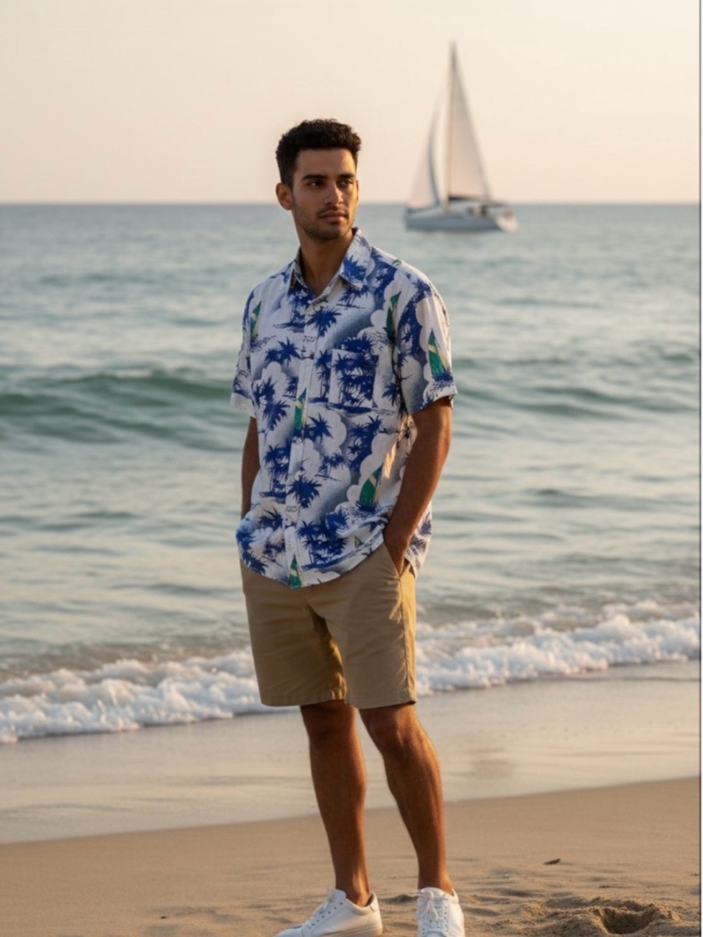 Men’s J.Crew Blue & White Tropical Palm Print Short Sleeve Shirt